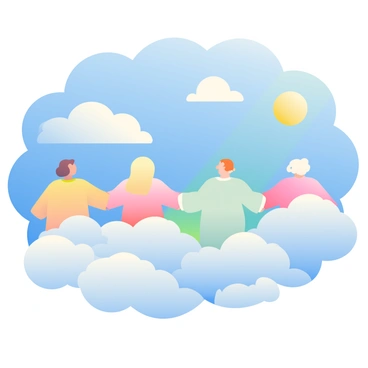 Fluffy white clouds are formed in the shapes of several people holding hands across a bright blue sky. The clouds are soft and billowy, creating a sense of connection among the figures. In the background, additional clouds float gently, adding depth to the sky. The sun casts a warm glow, illuminating the edges of the clouds and enhancing their shapes. The overall scene evokes a feeling of unity and harmony in the vast expanse above.