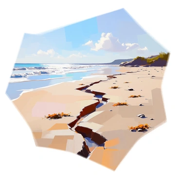 A coastal scene featuring a sandy beach where a visible strike-slip fault line runs through the sand. The fault line is characterized by a distinct, jagged crack that disrupts the smooth texture of the beach. Gentle waves lap at the shoreline, reflecting the light from a clear blue sky. The surrounding area includes patches of seaweed and scattered pebbles on the sand. In the distance, a horizon where the ocean meets the sky can be seen, completing the serene coastal landscape.