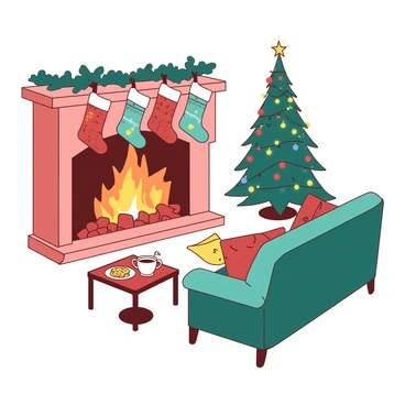 A warm and inviting cozy living room features a roaring orange fireplace with bright flames dancing within. Above the fireplace, there are several colorful stockings hanging, each adorned with various festive designs. The room is softly illuminated by the glow of the fire, casting gentle shadows on the walls. A plush teal sofa is positioned in front of the fireplace, with a few patterned cushions scattered on it. A small wooden coffee table rests in front of the sofa, holding a steaming mug of cocoa and a plate of cookies. A beautifully decorated Christmas tree stands in the corner, its branches adorned with twinkling lights and colorful ornaments.