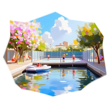 A padel court is situated beside a scenic canal, framed by lush greenery and blooming flowers. The court is made of clear glass walls, allowing for visibility of the game taking place inside. Players in colorful athletic wear are engaged in a lively match, their movements dynamic as they stroke the ball. Gently floating by are several boats on the calm water of the canal, some carrying passengers enjoying the view, while others are moored along the bank. The sky above is a bright blue, with a few fluffy clouds drifting lazily, enhancing the picturesque setting.