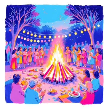 A bonfire is burning brightly at a festival. Surrounding the flames are groups of people, some are dancing while others are clapping their hands in rhythm. The crowd is dressed in colorful festive clothing, with decorations like beads and flower crowns. In the background, there are strings of lights hanging between trees, illuminating the night sky. Some people are sitting on blankets, enjoying food and drinks. The atmosphere is lively and filled with joy.