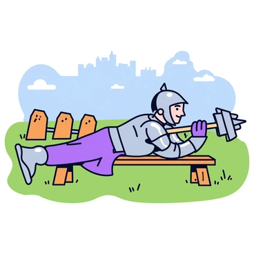A medieval knight wearing shining silver armor is practicing skull crushers on a grassy training ground. The knight has a focused expression while lying on a wooden bench. Instead of a barbell, the knight is using a heavy mace with a spiked head as the weight. The knight's gloved hands grip the mace, which is positioned above their forehead. In the background, there are wooden training dummies and a distant castle silhouette under a clear blue sky.