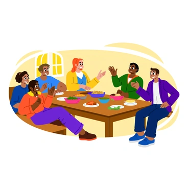 A diverse family gathered around a wooden dining table, smiling and engaging with each other. The table is adorned with an array of colorful dishes filled with food, creating an inviting atmosphere. Each family member has a unique appearance, showcasing different ages and ethnicities. One person is animatedly sharing a story, using hand gestures to emphasize their points, while others listen intently, nodding in encouragement. Warm sunlight streams in through a nearby window, illuminating the scene and adding a sense of warmth and togetherness.