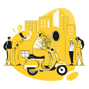 A musician playing a tuba while cruising on a moped