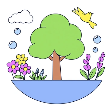A collage featuring various elements that represent the essential role of "oxygen" in sustaining life on Earth. At the center, there is a large, vibrant green tree with a dense canopy, symbolizing photosynthesis. Surrounding the tree are colorful flowers in full bloom, showcasing biodiversity. In one corner, there are bubbles rising in a clear blue water body, representing aquatic life. A small bird is in flight above the tree, emphasizing the need for "oxygen" in the air. Additionally, there are leaves falling gently from the tree, signifying the cycle of life.