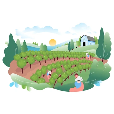A vibrant vineyard stretches across rolling hills, filled with neatly aligned rows of green vines heavy with ripening grapes. Workers in wide-brimmed hats are tending to the vines, carefully pruning and nurturing the plants. The sun casts a warm glow over the landscape, enhancing the rich shades of green and earth tones. In the background, a rustic barn stands, surrounded by various trees and plants that complement the vineyard ambiance. A gentle breeze rustles the leaves, creating a sense of life and activity in the scene.