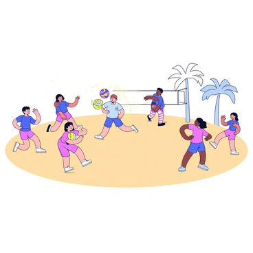 A group of volleyball players on a sandy beach struggling to maintain their game during a sudden sandstorm. The players are depicted in a moment of exertion, with two players jumping to hit the ball, while others are bending down to shield their faces from the blowing sand. The volleyball is caught mid-air, surrounded by swirling sands. The players wear brightly colored sports uniforms that contrast against the beige of the sand. In the background, faint silhouettes of palm trees sway in the gusty winds.