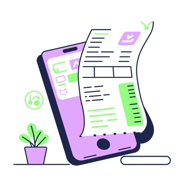 A smartphone is positioned on a flat surface, scanning a receipt. The screen displays a digital representation of the receipt, with sections highlighted in green and purple. The smartphone has a sleek design with a large display and is slightly angled to show the screen's contents clearly. The receipt is partially curled at one edge, featuring printed text and a series of itemized entries. Small icons representing digital conversion tools are visible on the screen, indicating processing features. Nearby, there is a small, potted plant adding a touch of greenery to the scene.