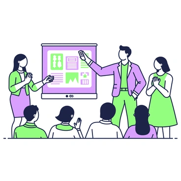 A team of three individuals stands at the front of a room, positioned behind a sleek presentation table. The first person, a woman with long hair, is holding a remote control and pointing towards a large screen displaying a colorful project slide with graphs and images. Next to her is a man in a blue suit, smiling confidently at the audience. The third team member, another woman, stands to the side, clapping her hands in excitement. In front of the team, the audience, consisting of various individuals, is smiling and applauding enthusiastically, showing support for the presentation. The room is filled with a sense of engagement and positivity as the team presents their project.