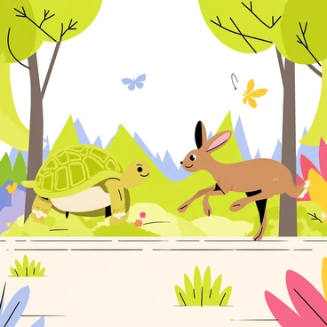 A tortoise with a green, patterned shell and a smiling face is racing alongside a brown hare with long ears and a determined expression. They are in a vibrant forest filled with tall, leafy trees, colorful flowers in shades of red, yellow, and blue, and patches of bright green grass. In the background, there are butterflies fluttering and a clear blue sky peeking through the tree branches. The tortoise is slightly ahead, while the hare is in mid-leap, showcasing their competitive spirit.