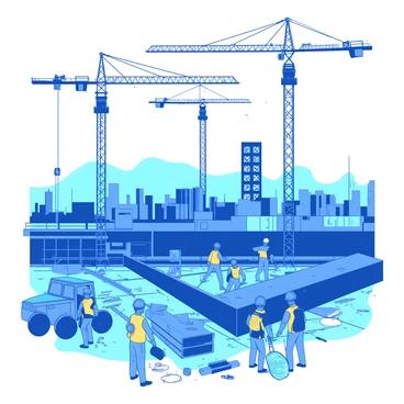 A blue construction site bustling with activity, featuring several tall cranes towering over the area. Workers in bright yellow safety vests and hard hats are actively engaged in various tasks, some operating machinery while others carry materials. In the foreground, a group of workers is lifting steel beams, while in the background, the skeletal structure of a building is rising against the sky. The scene is filled with construction tools and equipment scattered around, emphasizing the industrious atmosphere.