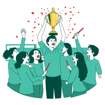 A teal quidditch team is celebrating their victory in a vibrant field. The team members, wearing matching uniforms, are gathered closely with wide smiles on their faces. One player in the center is lifting an ornate championship trophy high above their head with both hands, showcasing a gleaming golden surface. Confetti in shades of red is falling around them, adding to the festive atmosphere. Other team members are cheering, with some waving their broomsticks in excitement. The background features the goal hoops of the quidditch pitch, further highlighting the context of their triumph.