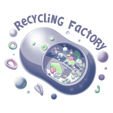 A cartoon depiction of a lysosome portrayed as a recycling factory inside a cell. The lysosome has a rounded shape with a distinct outer membrane. It is filled with various shapes representing broken down cellular materials. Inside, small animated characters are shown sorting and processing these materials, with some placing items onto conveyor belts. The surrounding environment includes colorful cell organelles, such as a nucleus with visible pores and a rough endoplasmic reticulum, emphasizing the cellular context. "Recycling Factory" is prominently displayed above the lysosome in bold letters.