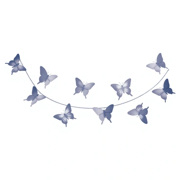 A decorative garland made of paper butterflies. The butterflies are intricately cut, showcasing various wing shapes and patterns. They are suspended from a thin, delicate string, creating gentle curves as they hang. Each butterfly is positioned at different angles, adding to the visual interest of the garland. The butterflies appear to flutter lightly in a gentle breeze, enhancing their whimsical presentation.
