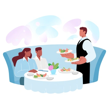 A couple is seated at an elegantly set dining table in a restaurant. The man is wearing a button-down shirt, while the woman is dressed in a stylish blouse. Both are looking toward a waiter who is approaching their table. The waiter is dressed in a black vest and is holding a tray with beautifully plated gluten-free dishes, showcasing vibrant vegetables and garnishes. Surrounding the table are ambient lighting fixtures, and the restaurant's interior features wooden accents and soft textures. A small centerpiece with flowers adds a touch of color to the setting.