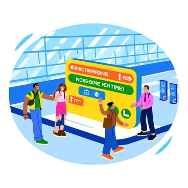 A large, intricate sign with vibrant colors directing passengers at a modern train station. The sign features bold, clear typography with arrows pointing towards various platforms and amenities. Surrounding the sign are various graphics, like train icons and symbols representing restrooms and ticket counters. The background includes sleek architectural elements of the station, with large glass windows allowing natural light to flood in. People are seen in the foreground, looking at the signs and moving about the bustling environment.