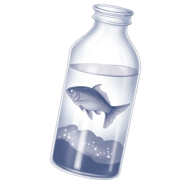 A small fish swimming inside a glass bottle. The bottle is transparent and reflects the surrounding water. The ocean is visible outside the bottle, with gentle waves creating ripples around it. Light sparkles on the water's surface, casting a shimmering effect inside the bottle. The fish is positioned centrally within the bottle, showcasing its delicate fins and scales.