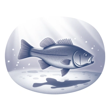 A large-mouth bass is swimming gracefully beneath the surface of the water. The fish has a broad, elongated body with a distinctive large mouth and a forked tail. Sunbeams filter down from above, creating a dappled pattern of light and shadow on the sandy bottom. Surrounding the bass, small bubbles rise as it moves through the water. The scene captures a sense of tranquility in the underwater environment.