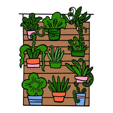 A vertical garden with a variety of green plants, including ferns, succulents, and flowering vines, elegantly arranged on a wooden wall. The plants are thriving and vibrant, showcasing different shades of green, creating a dense and lively appearance. Sunlight filters through, casting gentle shadows and highlighting the textures of the leaves. Small pots and planters are used to contain the plants, adding to the overall lushness of the garden.