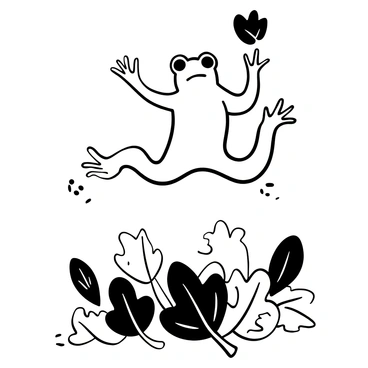 A frog mid-leap above a pile of leaves. The leaves are scattered around the base and feature distinct shapes of various types, indicating autumn. The frog's body is outlined prominently as it moves through the air, creating a sense of motion and energy. Some leaves appear to be lifted by the movement, while others remain on the ground, creating a dynamic composition. The ground is dotted with fallen leaves to enhance the setting.
