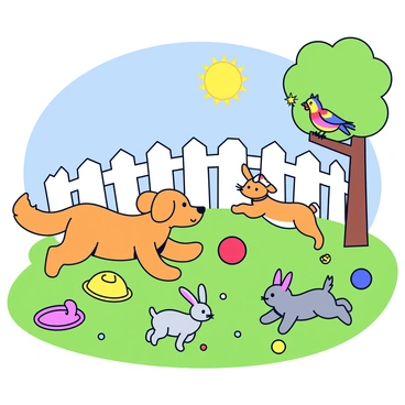 A backyard scene with a bright blue sky and a shining sun. In the center, a fluffy golden retriever is playfully chasing a red ball. Nearby, a small orange tabby cat is perched on a green patch of grass, watching the dog with curious eyes. A gray rabbit hops around, exploring the area while a colorful parakeet sits on a low branch of a tree, singing happily. Scattered around the grass are various toys, including a yellow frisbee, a pink stuffed mouse, and several small balls. The backyard is enclosed by a white picket fence, adding to the cheerful atmosphere.