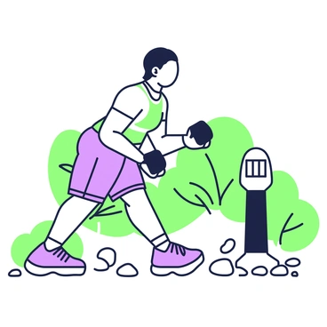 A person with short hair is performing a dumbbell bent over row in a zen garden. They are dressed in a fitted athletic shirt and shorts, focused on their movement. In their right hand, they hold a dumbbell, while their left arm is extended for balance. Surrounding them are carefully raked pebbles and a few rocks arranged in a minimalist pattern. A small stone lantern stands in the background, partially obscured by lush greenery. There are several bonsai trees nearby, adding to the tranquil atmosphere of the garden.