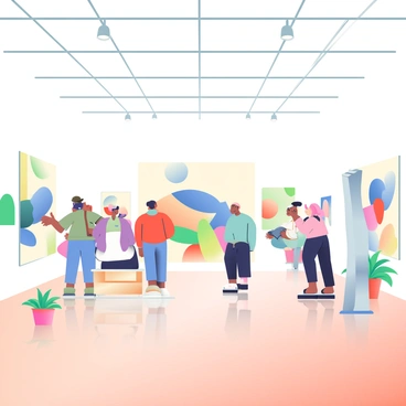 A spacious art gallery is filled with various contemporary illustration pieces displayed on the white walls. The floor is polished wood, reflecting the soft lighting from the ceiling. In the center, there are several people engaging with the artwork, some discussing in small groups while others are intently observing a large, colorful illustration of abstract shapes. Nearby, a tall, slender sculpture made of metal draws attention with its sleek design. A gentle, modern wooden bench provides a resting spot for visitors, and potted plants are strategically placed around the room, adding a touch of green.