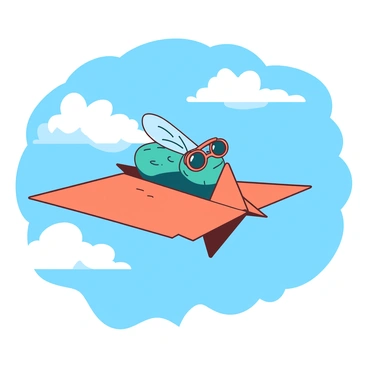 A teal fly is sitting in the cockpit of a small orange paper plane. The paper plane is soaring through an expansive blue sky filled with soft, fluffy white clouds. The fly has tiny goggles resting on its eyes, giving it an adventurous look. The paper plane is gliding gracefully, with its wings slightly tilted as it navigates through the bright atmosphere.