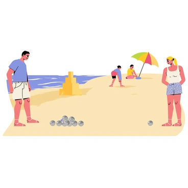 A sandy beach scene with several people playing a casual game of petanque. Two players, a man and a woman, are standing on one side, focused on their next shot. The man has short brown hair and wears a light blue shirt and khaki shorts, while the woman has long blonde hair tied in a ponytail, wearing a white tank top and floral shorts. A cluster of metallic petanque balls is visible in the center of the scene, with one ball rolling leisurely towards the target. In the background, a couple of children are building a sandcastle, while a colorful beach umbrella and towels are spread out nearby. The ocean waves gently lap at the shoreline, creating a relaxed atmosphere.
