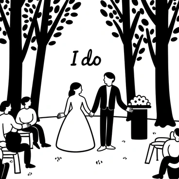 A bride in a flowing gown holds hands with a groom in a tailored suit, both standing on a grassy patch in a forest clearing. Surrounding them are tall trees with densely packed leaves forming a natural arch above. A simple wooden altar is positioned nearby, adorned with white flowers. Several guests are seated on wooden benches arranged in a semicircle, all attentively watching the couple. Sunlight filters through the branches, casting soft shadows on the ground. The words "I do" are prominently displayed above the couple.
