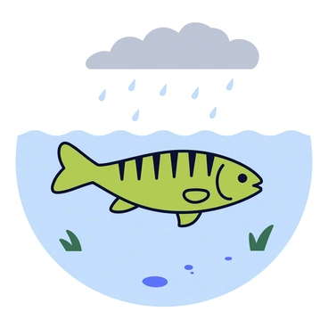 A bass fish with a greenish body and dark horizontal stripes is swimming gracefully in a clear lake. The fish is surrounded by ripples caused by rain droplets falling on the water's surface. Above, the sky is gray and overcast, hinting at a light rain continuing to fall. The lakebed is subtly visible, with patches of pebbles and soft plants.
