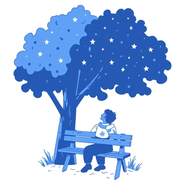 A person is sitting on a wooden bench under a large, leafy tree. The tree’s branches spread out above, providing a sense of shelter. The person is wearing a cozy sweater and looking up at the "starry sky" filled with bright white stars twinkling against a deep blue background. The bench is positioned in a small clearing, with a few blades of grass peeking out from under the seat. The scene conveys a quiet moment of reflection and wonder.