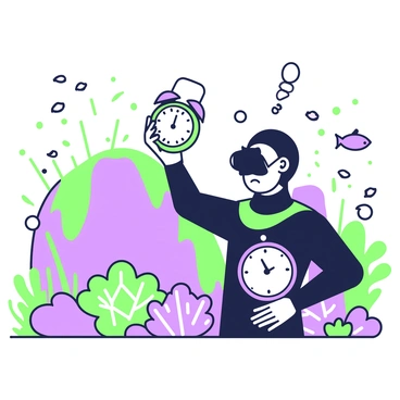 An underwater diver is positioned with a focused expression, checking a waterproof alarm clock in their hand. The diver is wearing a black wetsuit and a mask, with bubbles rising around them. Surrounding the diver is a vibrant array of sea life, including schools of small fish and bright coral formations in various shapes. The diver is near a large rock, partially covered with green seaweed, enhancing the underwater scene. The alarm clock is clearly visible, showing the time, as the diver examines it carefully amidst the lively marine environment.