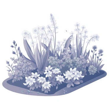 A lush garden filled with a variety of plants and flowers, showcasing a wide array of shapes and sizes. Various species of flowers bloom in clusters, with some tall plants arching gracefully over shorter ones. The garden is organized into distinct sections, each featuring unique types of vegetation. Some flowers have intricate petal structures, while others display elongated leaves. In the scene, small insects can be seen interacting with the flowers, completing the picture of a thriving ecosystem. The garden has areas of dense greenery interspersed with open spots filled with colorful blooms.