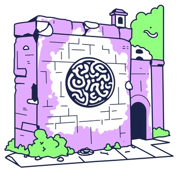 A stone wall stands in a forgotten alley, weathered and cracked. On the surface of the wall, there is a haunting symbol carved deeply into the stone. The symbol has intricate patterns surrounding it, giving it an ominous appearance. Shadows cast by nearby structures fall over the wall, accentuating the grooves of the carving. The ground is uneven, with scattered debris and overgrown weeds creeping around the base of the wall, enhancing the scene's desolation.