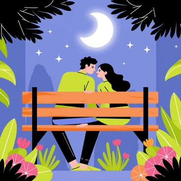 A couple sitting closely together on a wooden bench in a lush garden. The scene is bathed in soft, silvery moonlight illuminating their silhouettes. Surrounding them are vibrant green plants and colorful flowers, adding to the romantic atmosphere. The couple leans in toward each other, sharing a quiet moment, with the moon hanging brightly in the starry night sky above.