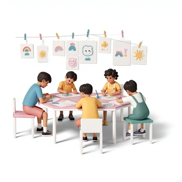 A children's art workshop filled with young children sitting around a large table covered in colorful paper. Each child is focused on their artwork, joyfully illustrating with crayons and markers. One child, wearing a blue t-shirt and red shorts, is drawing a bright sun, while another child, in a yellow dress, is creating a rainbow. A third child, in green overalls, is drawing a playful animal with a big smile. The walls are adorned with various colorful artworks hanging up, showcasing the creativity of the children.