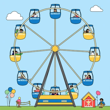 A large, colorful Ferris wheel with bright blue and yellow cabins. Each cabin has the phrase "Save the Date" prominently displayed in bold white letters. The wheel is set against a clear blue sky, and the scene includes joyful children and adults enjoying the ride. The ground below is adorned with festive decorations and balloons, adding to the cheerful atmosphere. A few fluffy white clouds drift lazily in the sky.