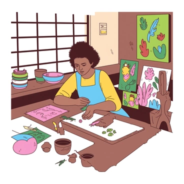 An artisan with a focused expression is sitting at a wooden workbench surrounded by various crafting tools. The artisan is skillfully shaping a piece of clay, which is adorned with intricate patterns inspired by the shapes of fynbos plants. Nearby, there are vibrant displays of finished crafts, showcasing a range of colors and designs that reflect the natural beauty of fynbos. Some of the crafts include ceramic pieces shaped like fynbos leaves and textiles featuring fynbos motifs. The artisan's workspace is filled with natural light streaming through a window, highlighting the textures and colors of the materials.