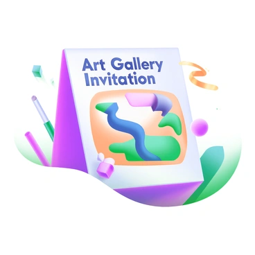 A modern pastel illustration featuring an elegant invitation card for an art gallery showing. The card displays the words "Art Gallery Invitation" in stylish, bold lettering at the top. Below, an abstract painting is showcased, with flowing shapes and vibrant colors blending seamlessly. The background of the card is a soft, muted shade to highlight the minimalist design. Surrounding the card, there are subtle decorative elements such as geometric shapes and lines that enhance the overall aesthetic without overwhelming the main focus.