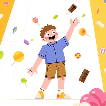 Augustus Gloop is a chubby boy with messy brown hair, wearing a blue shirt and brown shorts. He is standing in a room where various colorful candies are floating around him in a zero-gravity environment. There are jellybeans, chocolate bars, and lollipops swirling and drifting lazily in the air. The walls of the room are bright and whimsical, adorned with images of sweets and treats. Augustus has an excited expression on his face as he reaches out towards a floating chocolate bar, while several colorful candies drift close to his head.