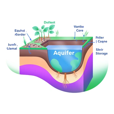 A cross-section of the Earth displaying various layers including the crust, mantle, and core. At the center of the image is an underground aquifer, depicted as a blue, segmented layer, illustrating the water storage. Surrounding the aquifer are additional layers, with soil particles and rock formations above it. Various plant roots extend down from the surface layer, interacting with the aquifer. The image includes labels for each layer, with the word "Aquifer" prominently highlighted.