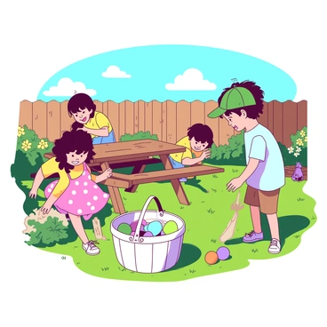 A group of four children, two boys and two girls, are enthusiastically searching for hidden Easter eggs in a bright, sunny backyard. The children are wearing colorful spring outfits; one girl has a pink dress with white polka dots, while the other wears a yellow shirt and denim shorts. One boy is dressed in a light blue t-shirt and khaki shorts, and the other boy has on a green cap and an orange t-shirt. 

They are scattered around the yard, peeking behind bushes, under a wooden picnic table, and near blooming flower beds. A large, white basket is resting on the grass, filled with brightly colored eggs in various hues of green and purple. The grass is lush and green, and there are vibrant flowers blooming throughout the yard. In the background, a wooden fence encloses the yard, and a bright blue sky is dotted with a few fluffy white clouds.