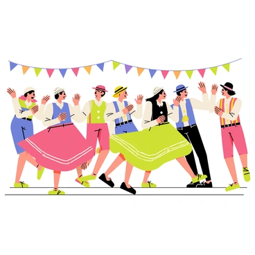 A lively scene depicting a group of people dancing joyfully at a "Fest-Noz" celebration. The dancers are wearing colorful traditional Breton costumes, featuring striped skirts and embroidered vests. Some dancers wear white lace coifs on their heads, while others sport hats adorned with ribbons. The background is filled with festive decorations, such as string lights and colorful banners. The atmosphere is vibrant, showcasing the dynamic movements of the dancers as they twirl and clap in rhythm to the music.