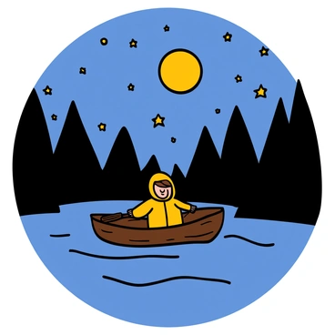 A small boat traveling down a river under a starry sky