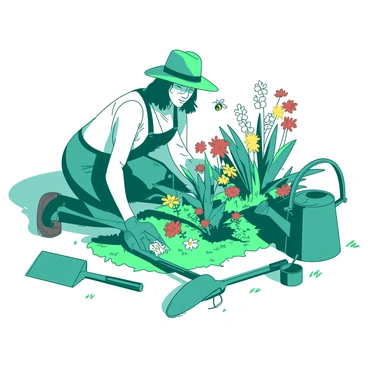 A teal assortment of gardening tools, including a trowel, pruning shears, and a watering can, are spread out on the ground. In the center, a gardener named "Davies" is kneeling, wearing a sun hat and gloves, while tending to a patch of vibrant flowers and plants. Surrounding Davies are blooming plants that attract bees, with some bees hovering around the colorful blossoms. The scene captures a sunny day, with green grass underfoot and the bright colors of the plants creating a lively atmosphere.