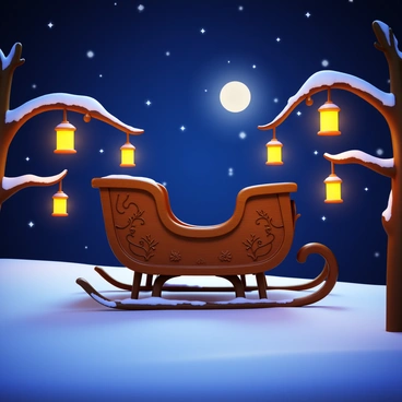 A traditional wooden sleigh decorated with intricate carvings. The sleigh is illuminated by several glowing lanterns hanging from the branches of nearby trees. The trees are covered in a thick layer of snow, and their dark silhouettes contrast against the bright light from the lanterns. The ground is blanketed in fresh, white snow that sparkles under the moonlight. In the background, a night sky filled with stars adds to the tranquil winter atmosphere.