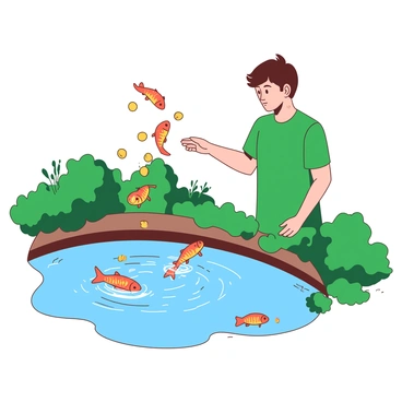 A person with brown hair wearing a green t-shirt is standing at the edge of a pond, tossing colorful fish food into the water. The pond is surrounded by lush green grass and small bushes. Several fish, with vibrant orange and yellow scales, are leaping out of the water, creating ripples as they try to catch the food. The sunlight reflects on the surface of the pond, adding a shimmering effect to the scene.