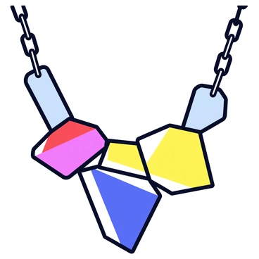A collier necklace with a bold design featuring large, colorful stones arranged in an eye-catching pattern. The stones include bright red, deep blue, and sunny yellow, each cut into geometric shapes. The necklace is set on a simple, sleek chain that complements the vibrant colors of the stones. The overall look is striking and modern, perfect for making a statement.