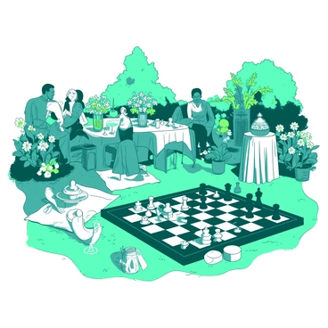 A teal garden party scene features several guests engaged in a game of chess on a large outdoor chess set made of black and white pieces. The chessboard is set on a lush green lawn, surrounded by colorful flower beds filled with blooming flowers in various shapes and sizes. Some guests are seated on white picnic blankets, while others stand and watch the game intently. The sun casts soft shadows, creating a relaxed atmosphere. Elegant tables are adorned with white tablecloths and vases of fresh flowers, providing refreshments for the attendees.